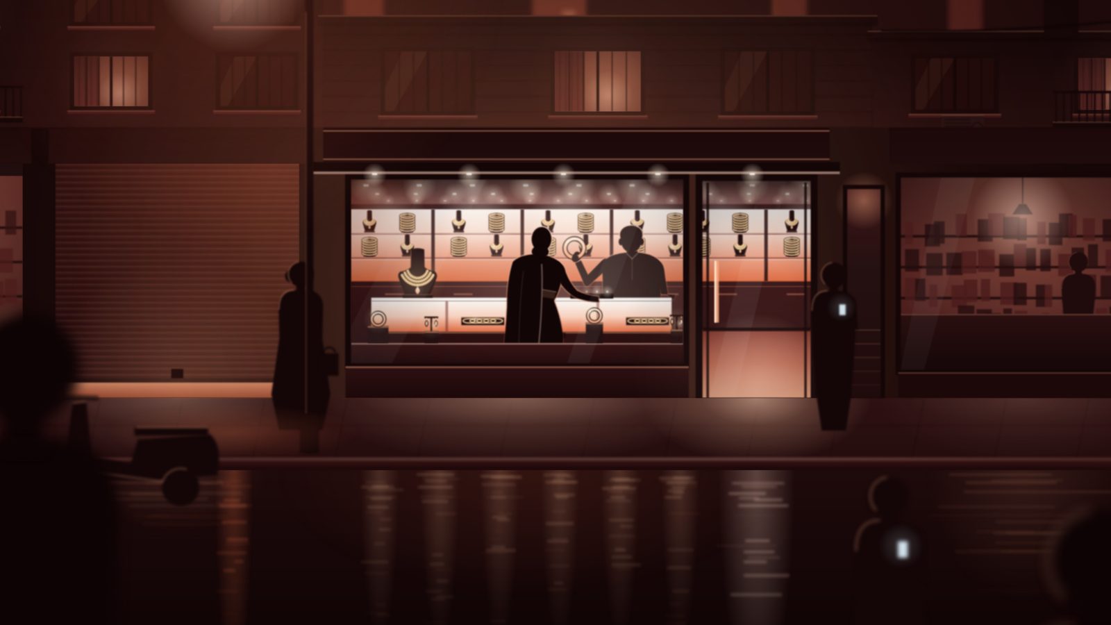 A jewellery shop on a city street at dusk