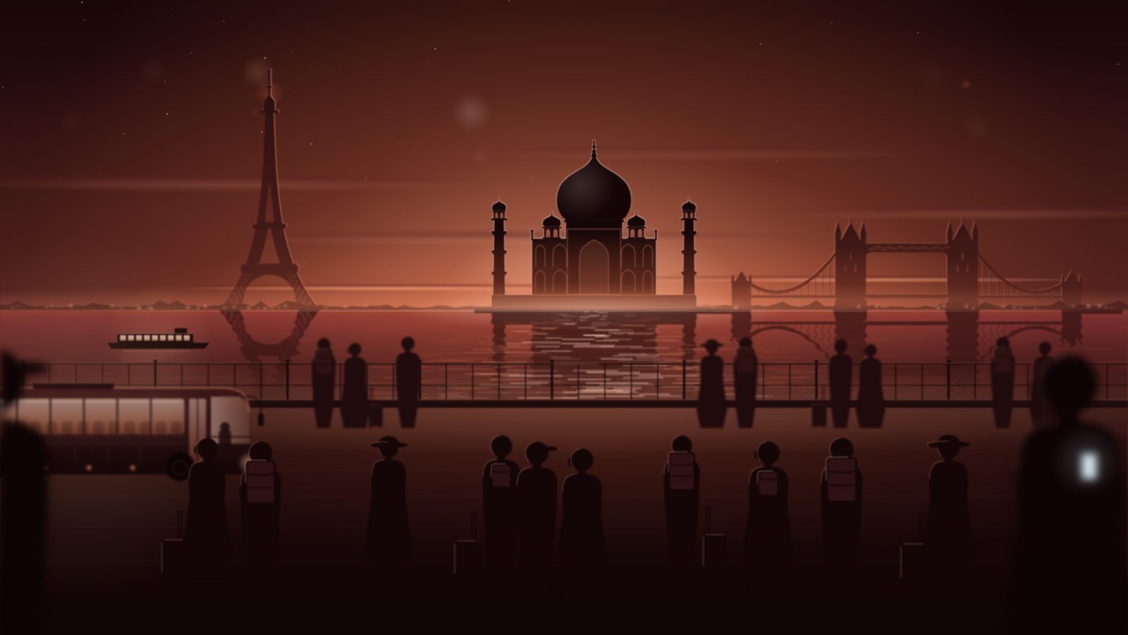 A tour group at dusk before the Eiffel Tower, the Taj Mahal and Tower Bridge
